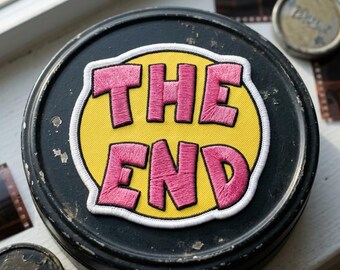 The End Embroidered Patch - Retro Yellow and Pink Iron On Patch - Vintage Style Movie Credit Badge - Aesthetic Patch for Jackets & Bags