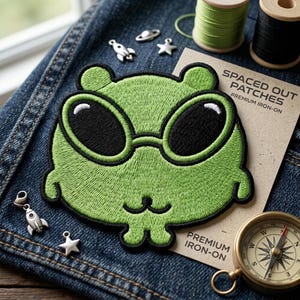 Cute Alien Embroidered Patch Iron On, Funny Green Monster Patch for Jackets, Cool Space Bear Patch, Sew On Badge for Denim Bag Hat