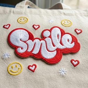 Smile Embroidered Patch - Red and White Retro Iron On Patch for Jackets - Cute Smiley Face Badge - Heart & Star Denim Applique Accessory