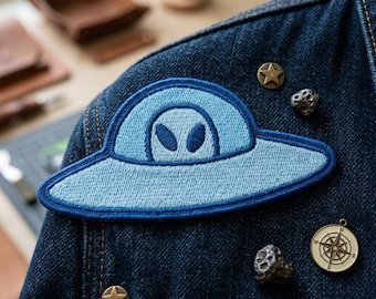 Blue UFO Alien Spaceship Embroidered Iron On Patch for Denim Jacket, Cute Sci-Fi Badge, Outer Space Accessory for Backpacks & Jeans