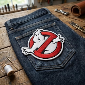 Retro Cartoon Ghost Embroidered Patch, Cute Funny Monster Iron On Patch, 80s Movie Inspired Badge for Jacket, Distressed Denim Applique