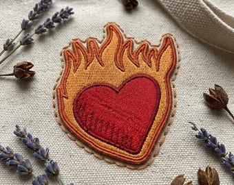 Flaming Heart Embroidered Patch - Iron on Patch for Denim Jackets - Red Heart Fire Badge - DIY Clothing Applique - Sacred Heart Inspired
