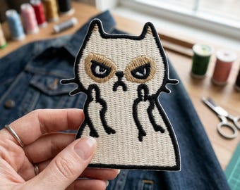 Angry Cat Embroidered Patch | Funny Cat Iron On Patch | Moody Kitten Badge for Denim Jackets | Rude Cat Patches for Backpacks DIY Craft