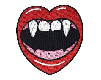 Vampire Heart Embroidered Patch - Red Lips with Fangs Iron On - Gothic Valentine Aesthetic - Spooky Love Badge for Jackets and Backpacks