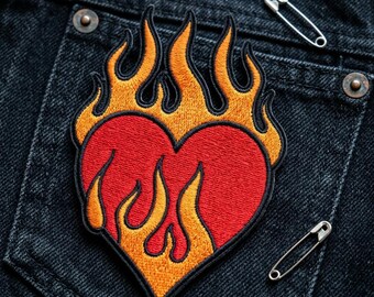 Flaming Heart Patch Iron On, Embroidered Fire Heart Badge for Denim Jackets, Rocker Biker Edgy Aesthetic Patches, Cool Backpack Decor