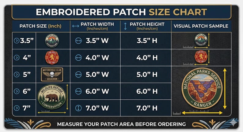May include: Embroidered patch size chart showing patch dimensions in inches and centimetres. Sizes range from 3.5" (8.9 cm) to 7" (17.8 cm). Includes sample patches with designs like a mountain scene, a fire department emblem, and a National Parks Service ranger badge.