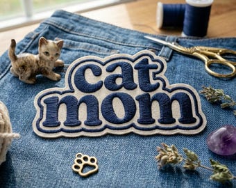 Cat Mom Embroidered Patch, Blue Navy Iron On Patch for Denim Jackets, Gift for Cat Lovers, Cute Pet Parent Badge, DIY Clothing Accessory
