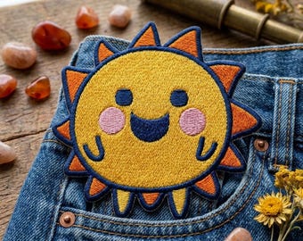 Cute Happy Sun Embroidered Patch | Kawaii Smiley Face Iron On Patch | Yellow Sun Badge for Backpack Jeans | Celestial Embroidery Patches