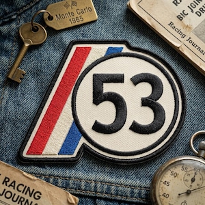 Retro Racing Number 53 Embroidered Patch, Vintage Car Enthusiast Iron On Badge, Red White Blue Stripe Decorative Applique for Jackets
