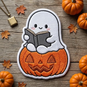 Cute Reading Ghost Embroidered Patch, Cute Ghost Sitting on Pumpkin Iron On Patch, Book Lover Pumpkin Patch, Halloween Bookish Gift