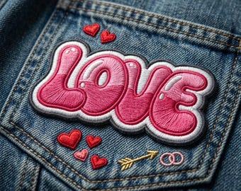 Love Embroidered Patch, Pink Bubble Letter Iron On Patch for Denim Jacket, Cute Heart Applique for Jeans, Valentines Day Gift for Her