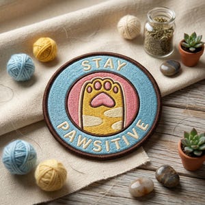 May include: Embroidered patch with a cat paw design, featuring the words "STAY PAWSITIVE" in white lettering on a blue and pink background. The patch is surrounded by yarn balls, small succulents, and decorative stones.