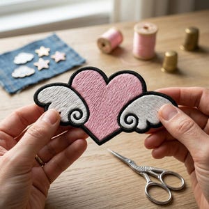 Pink Heart with Wings Iron On Patch, Embroidered Heart Wing Badge for Denim Jacket, Cute Aesthetic DIY Applique, Y2K Style Jacket Decor