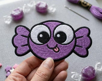 Cute Purple Candy Embroidered Patch, Kawaii Sweet Monster Iron On Patch for Jackets, Funny Cartoon Candy Badge, Backpack Decorative Patch