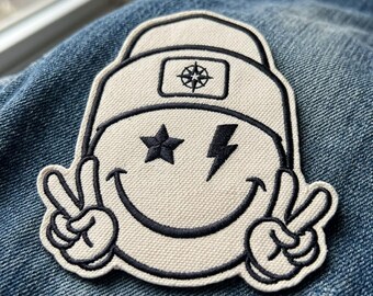Smiley Face Embroidered Patch | Cute Beanie Happy Face Iron On Patch | Cool Star Lightning Bolt Badge | Peace Sign Denim Jacket Patch