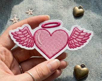 Pink Angel Heart Embroidered Patch, Cute Winged Heart Iron On Patch for Denim Jacket, Kawaii Aesthetic Badge, Girly Backpack Decor DIY