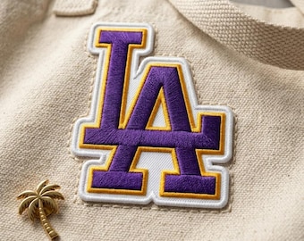 Parche bordado de Los Ángeles en morado y dorado, parche termoadhesivo de Los Ángeles para bolsos, parches con letras universitarias para chaquetas, recuerdo de California