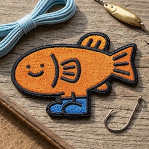 Funny Walking Fish Embroidered Patch, Cute Orange Fish Iron On Patch, Fishing Gear Badge, Backpack Jacket Applique, Fisherman Gift Hook