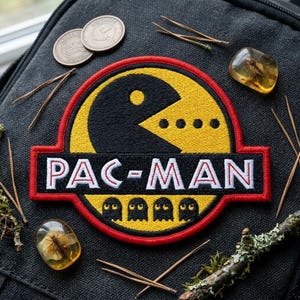 May include: Embroidered Pac-Man patch with a yellow and black design, red border, and the text "PAC-MAN" in white. The patch features the Pac-Man character and four ghost characters. The patch is on a dark gray surface.