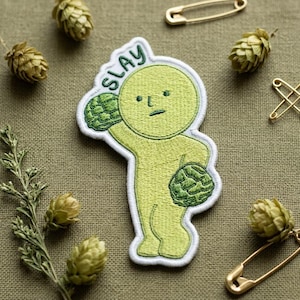 Funny Green Character Embroidered Patch, Slay Hops Iron On Patch, Aesthetic Vegetable Badge, Cute Foodie Gift for Beer Lovers, Cool Patches