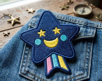 Cute Shooting Star Embroidered Patch | Smiling Star Iron On Patch for Denim Jacket | Rainbow Star Badge | Kawaii Celestial Patch for Kids