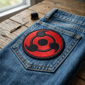 Embroidered Iron On Patch 3-Tomoe Swirl Mark Symbol Anime Eye Badge for Jacket or Bag DIY Craft Gift for Fans