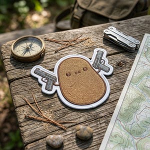 May include: A humorous embroidered patch featuring a potato character with two guns. The patch is brown with a white border. A compass, multi-tool, and map are also visible on a wooden surface.