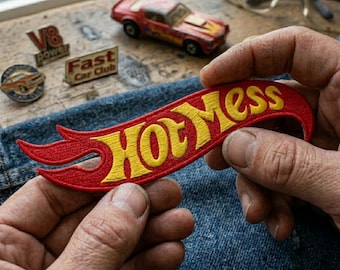Large HOT MESS Retro Flame Script Embroidered Patch for Denim Jacket Back, Custom Sarcastic Slogan Iron-On, Funny Gift for Biker