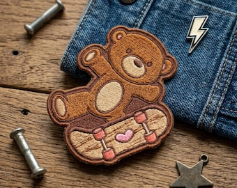 Skater Bear Embroidered Patch - Cute Teddy Bear on Skateboard Iron On Badge - Cool Animal Applique for Denim Jackets, Backpacks & Hats