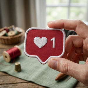 May include: A red, heart-shaped patch with a white embroidered heart and the number 1. The patch has a white border and is held up by a hand. Sewing supplies, including thread spools and a thimble, are in the background.