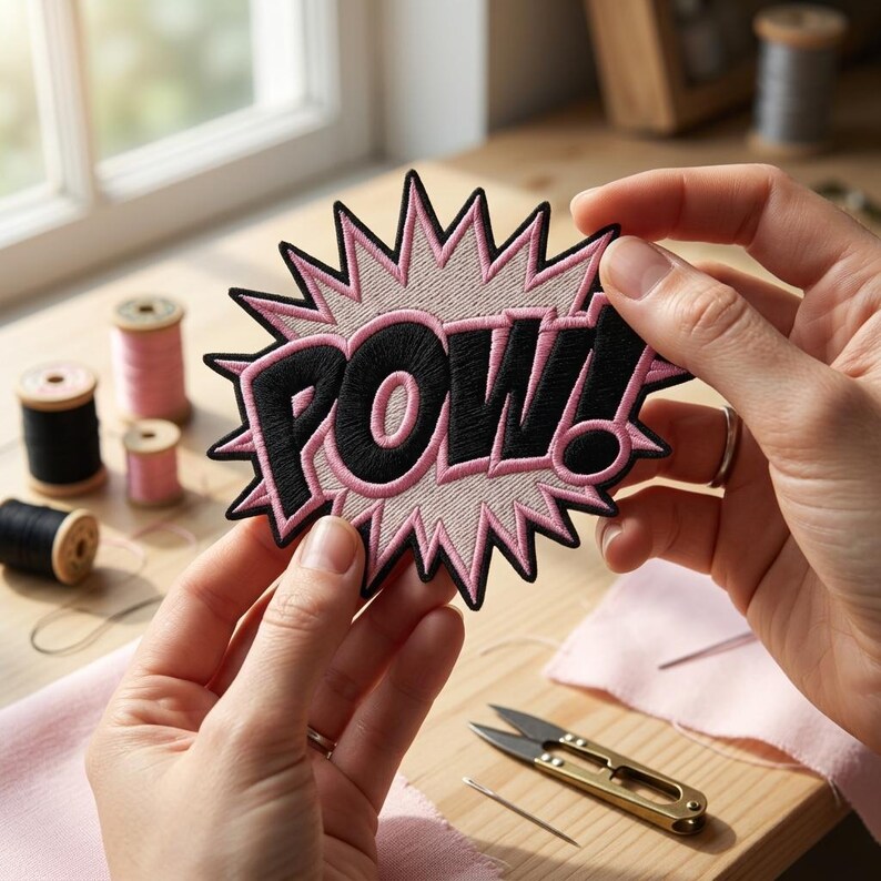 May include: An embroidered patch in a comic book style, featuring the word "POW!" in black on a pink background. The patch is held up, with sewing equipment visible nearby.