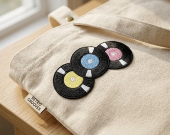 Retro Vinyl Record Patch, Embroidered Music Iron On Patch for Jackets, Small Round Record Decal, Music Lover Gift, 3 Colors Set, DIY Craft