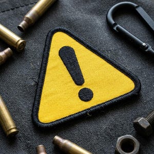 May include: Yellow triangular patch with a black exclamation point, surrounded by brass bullet casings, a black carabiner, and metal hardware. The patch has a black border and is set against a dark gray fabric.