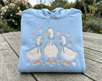 Cottagecore Goose Trio Embroidery Design File, Vintage Goose with Blue Bow Machine Embroidery, Cute Farm Animals Digital Instant Download
