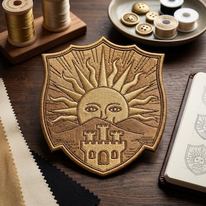 May include: A shield-shaped embroidered patch featuring a golden sun with a face above a three-towered castle. The design is rendered in metallic gold thread with intricate stitching, showcasing a radiant sunburst pattern and a detailed stone fortress.