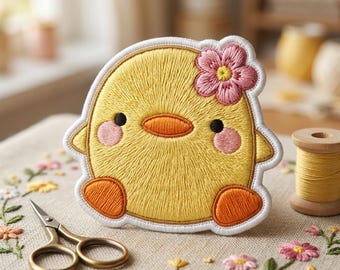 Cute Duck Embroidered Patch, Yellow Chick Iron On Patch, Flower Bird Badge, Kawaii Animal Applique for Jackets Backpacks, Craft Supply