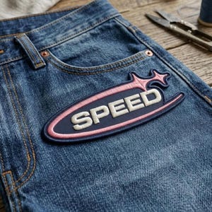 May include: Close-up of blue denim jeans with a decorative patch. The patch is navy blue with a pink border and the word "SPEED" in white. A starburst design is above the word. The jeans have a classic five-pocket design.