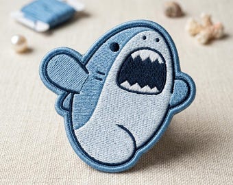 Cute Shark Embroidered Patch, Ocean Animal Iron On Patch, Blue Shark Badge for Backpack, Ocean Theme Custom Patches, Gift for Shark Lovers