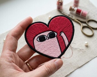 Cute Heart Embroidered Patch - Pink Character Iron On Patch - Funny Love Badge for Denim Jackets - Kawaii Heart Accessory for Backpacks