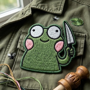 May include: Embroidered green frog patch holding a knife, with white eyes and pink cheeks. The patch is on a green jacket, with embroidered fly and lily pad details. A wooden tool is in the foreground.