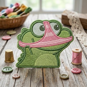May include: Embroidered green frog patch with pink accents. The frog has large eyes and a long pink tongue. Sewing notions, including buttons, thread, and a thimble, are scattered around the patch on a wooden surface. A basket of colorful embroidery floss is in the background.