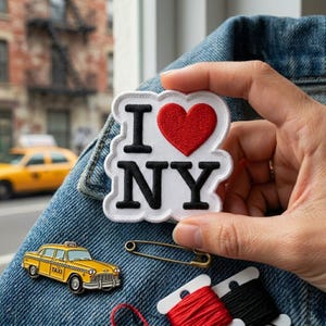 May include: An "I Love NY" patch with a red heart and black letters, held against a denim jacket. A yellow taxi pin, safety pin, and spools of thread are also visible, suggesting a travel or craft theme.