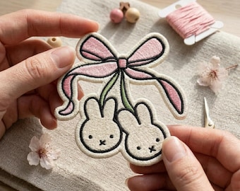 Cute Bunny Cherry Embroidered Patch, Coquette Pink Bow Iron On Patch for Jackets, Kawaii Rabbit Applique, Pastel Clothing Decoration