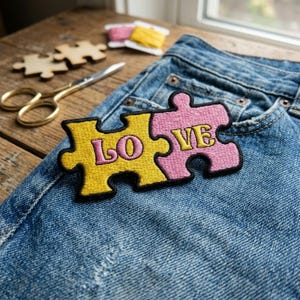 Love Puzzle Piece Embroidered Patch, Cute Couple Iron On Patch, Romantic Valentine Gift, Matching Jigsaw Applique for Jacket Backpack Jeans