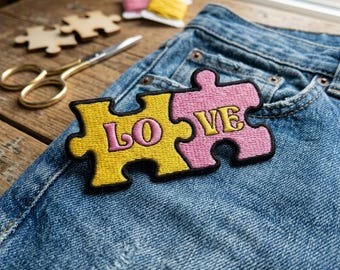 Love Puzzle Piece Embroidered Patch, Cute Couple Iron On Patch, Romantic Valentine Gift, Matching Jigsaw Applique for Jacket Backpack Jeans