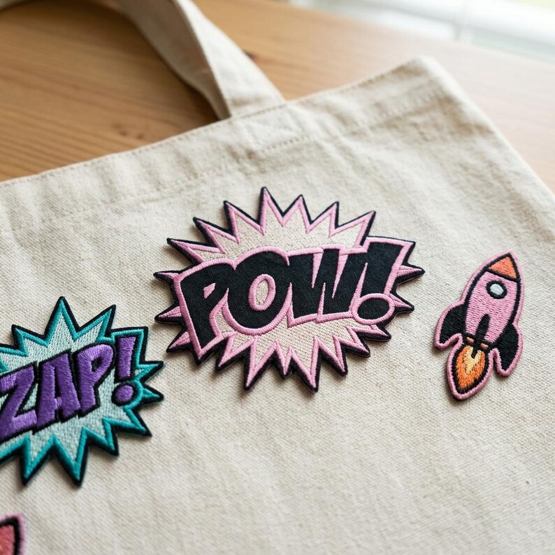 May include: A beige canvas tote bag with three embroidered patches. The patches feature the words "ZAP!" in purple and teal, "POW!" in black and pink, and a pink rocket with orange flames.