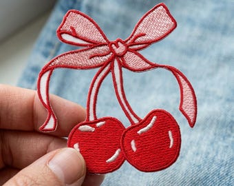 Cherry Bow Embroidered Patch, Cute Red Cherry Patch for Jeans, Coquette Aesthetic Patches, Sew On Jacket Badge, Fruit Embroidery Motif