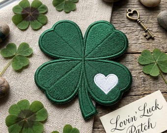 Four Leaf Clover Embroidered Patch, Lucky Shamrock Iron On Patch, Green Clover Badge with Heart, St Patricks Day Jacket Decal