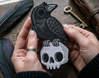 Crow on Skull Embroidered Patch, Gothic Raven Iron On Patch for Jacket, Spooky Halloween Badge, Occult Biker Patch, Witchy Gift