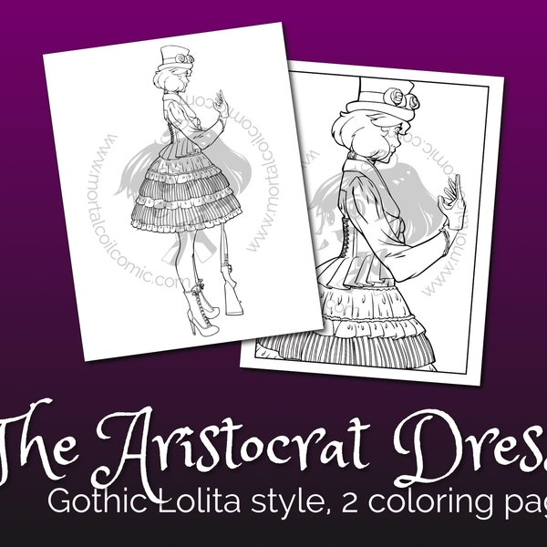 Gothic Lolita “The Aristocrat” Fashion Coloring Page, 2 Digital Illustrations, Instant Download PDF, Printable